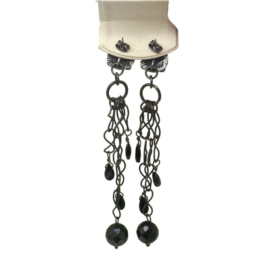 Vintage MOB 925 Mexico Long Dangling Chandelier Earrings With Black Beads - Picture 3 of 9